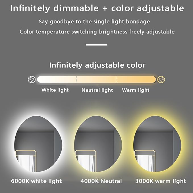 50x70cm LED Backlit Bathroom Mirror Wall-Mounted Smart Vanity Mirror with Demister Pad Energy-Efficient Three-Color Light Illuminated Bathroom Essential