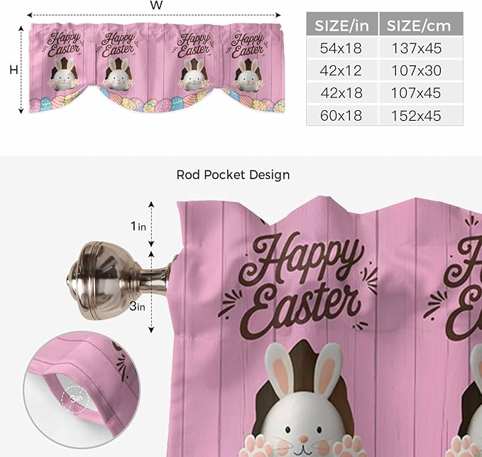 Pink Easter Tie Up Valance Curtains for Windows,Kitchen Curtains Window Shades,Easter Bunny Eggs Spring Cartoon Farmhouse Wood Grain Light Filtering Curtain Valances for Bedroom/Bathroom/Cafe 42"x12"
