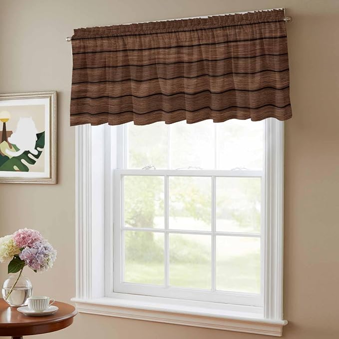 2 Pack Kitchen Valance for Windows, Farm Brown Wood Board Light Filtering Rod Pocket Valances Short Curtain, Vintage Farmhouses Barn Window Curtain for Bedroom Bathroom Living Room 54x18in