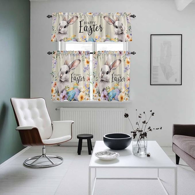 Easter Grey Bunny Kitchen Curtains Set 3 Piece for Windows,Rod Pocket Valance and Tier Set 24 Inch Length,Spring Colorful Eggs Flower Wooden Grain Light Filtering Cafe Curtains for Living Room
