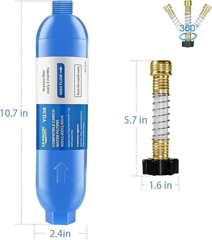 RV Inline/Marine Water Filter With Flexible Hose Protector, Reduce Bad Taste, Odors, Rust, Fluoride, Chlorine and Sediment in Drinking Water (1 Pack)