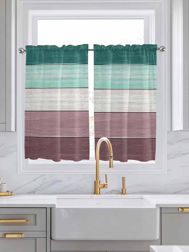Retro Farm Woodcuts Texture Window Valance Curtains, Green Brown Gradient Light Filtering Kitchen Valance with 3-inch Rod Pocket for Living Room Bathroom Bedroom,2 Panel,52x54In