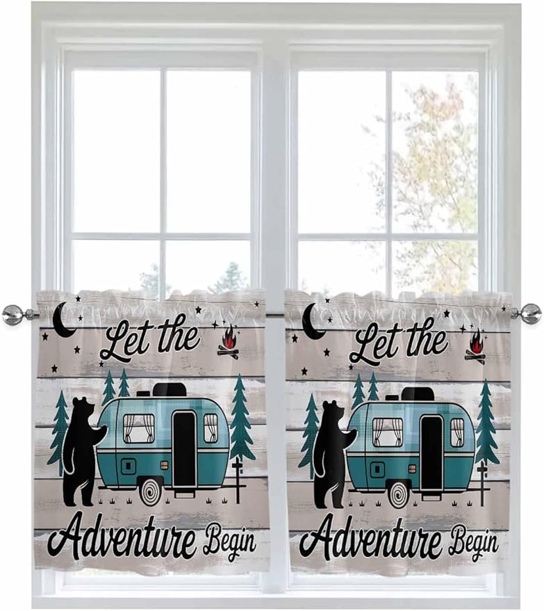 Farmhouse Bear Camper Van Tree Window Valance Curtains, Vintage Wood Grain Light Filtering Kitchen Valance with 3-inch Rod Pocket for Living Room Bathroom Bedroom,2 Panel,27.5x36In