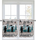 Farmhouse Bear Camper Van Tree Window Valance Curtains, Vintage Wood Grain Light Filtering Kitchen Valance with 3-inch Rod Pocket for Living Room Bathroom Bedroom,2 Panel,27.5x24In