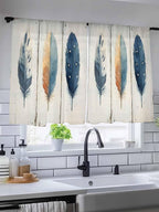 Sheer Curtains 54 Inch Length, Blue Brown Feathers Semi Sheer Curtains Light Filtering Window Treatment, Boho Ombre Vintage Wooden Grain Privacy Voile Drapes for Living Room Bedroom 52x54 Inch