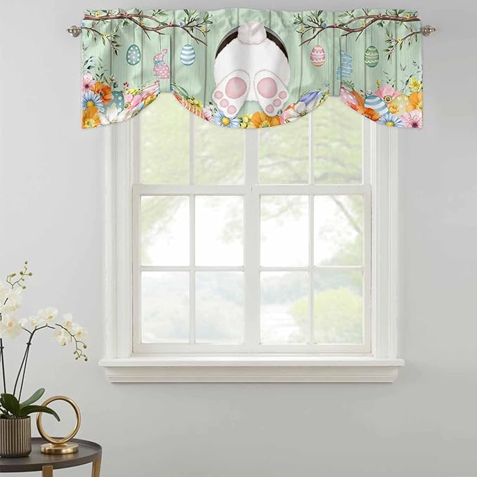 Easter Tie Up Valance Curtains for Windows, Kitchen Curtains Window Shades, Spring Watercolor Bunny Eggs Wooden Grain Green Light Filtering Roman Curtain Valances for Bedroom/Bathroom/Cafe 54"x18"