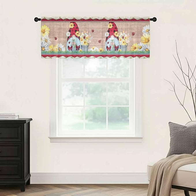 Ladybug Gnome Sheer Valance Curtains, Country Summer Rustic White Yellow Daisy Floral Wood Grain Light Filtering Kitchen Valances Rod Pocket Voile Curtain for Bedroom/Living Room/Basement 42Wx18L