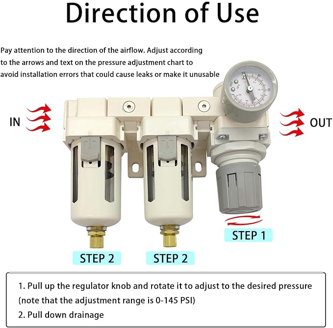 YSIL 3/8" NPT Air Filter Dryer Double Air Filters Compressor Water Separator Pressure Regulator Combo 5 Micron Brass Element(Semi-Auto Drain)