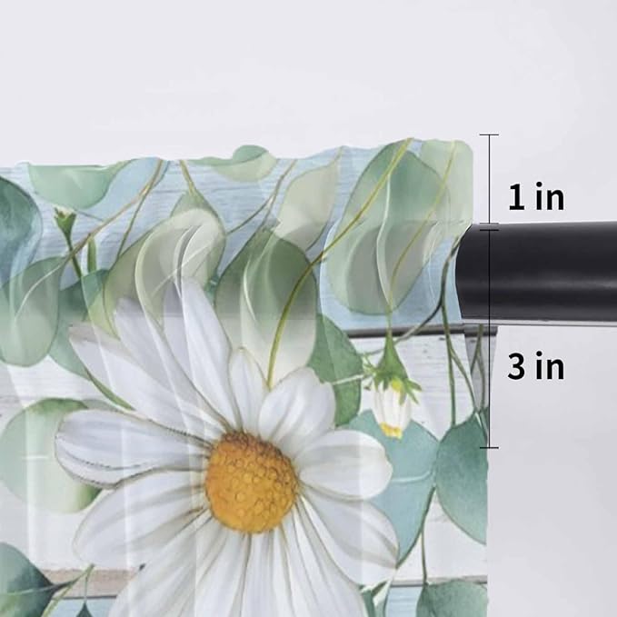 Daisy Eucalyptus Leaves Sheer Valance Curtains, Blue Wood Grain Spring Countryside Light Filtering Kitchen Valances Rod Pocket Voile Curtain Window Treatment for Bedroom/Living Room/Basement 54Wx18L