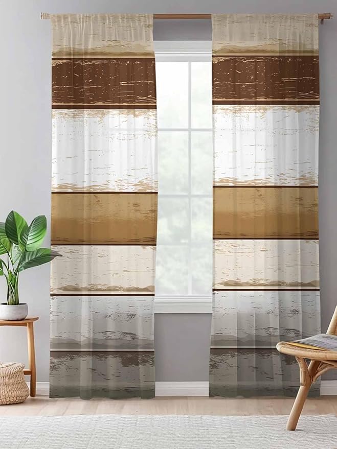 Sheer Curtains 96 Inches Long, Brown Wood Grain Semi Sheer Curtains Light Filtering Window Treatment, Vintage Country Geometric Striped Privacy Voile Drapes for Living Room Bedroom 52x96 Inch
