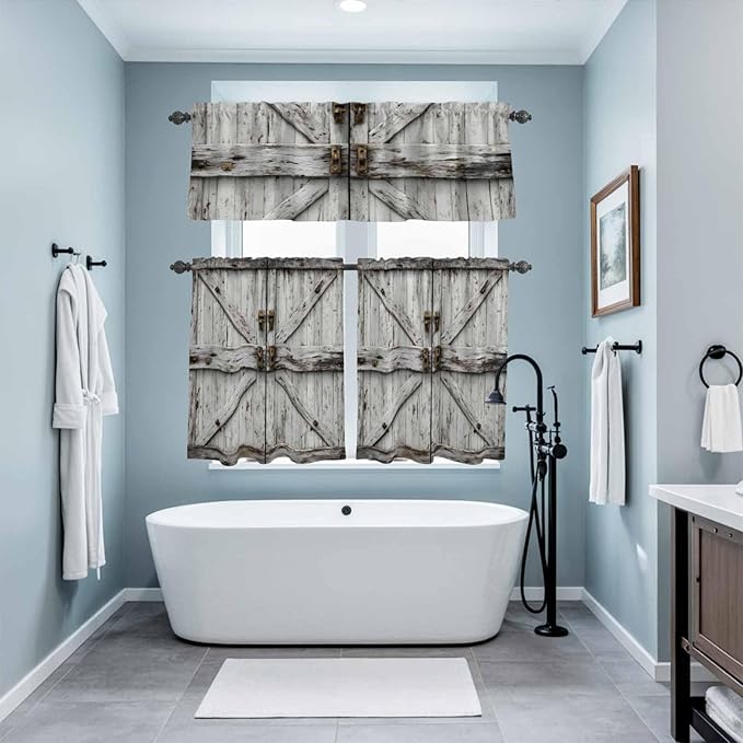 Kitchen Curtains Tiers and Valance Set of 3, Vintage Gate Light Filtering Window Curtain Set, Farmhouse Wooden Grain Shabby Chic Door Rod Pocket Curtain Drapes for Cafe, Living Room, 36 Inches Tiers