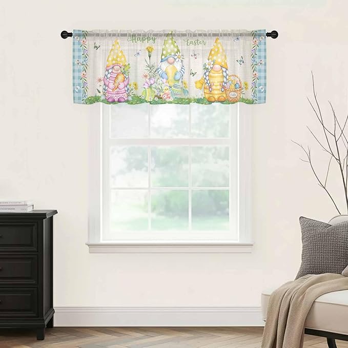 Easter Sheer Valances for Windows 42"x18", Light Filtering Kitchen Curtains Valance, Gnomes Colorful Eggs Butterfly Flowers Blue Check Rod Pocket Chiffon Curtains for Living Room Bedroom Cafe