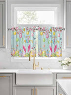 Happy Easter Half Window Curtains 24 Inches Long, Spring Bunny Eggs Flower Teal Wood Grain Window Treatment Curtain Drapes, Short Curtains Tiers for Kitchen Over Sink, 27.5"x24", 2 Panels