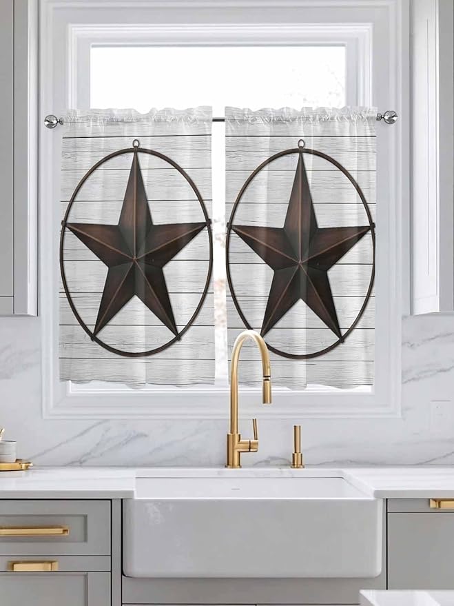 Vintage Farm Western Star Window Valance Curtains, White Wood Grain Light Filtering Kitchen Valance with 3-inch Rod Pocket for Living Room Bathroom Bedroom,2 Panel,52x45In