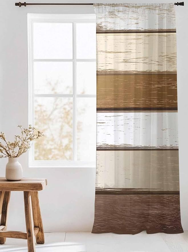 Sheer Curtains 96 Inches Long, Vintage Geometric Brown Semi Sheer Curtains Light Filtering Window Treatment, Farmhouse Country Chic Wood Grain Privacy Voile Drapes for Living Room Bedroom 52x96 Inch