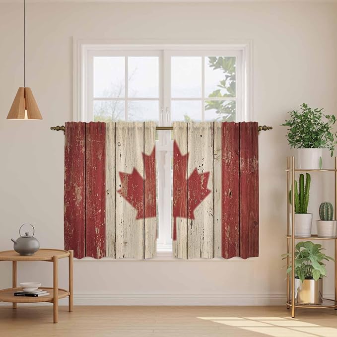 Canada Kitchen Curtains, Red Maple Leaf Flag Vintage Farmhouse Wooden Grain Light Filtering Window Curtain Panels, 2Pcs Rod Pocket Window Treatments Set for RV Dining Room Study Room 42x45 Inches