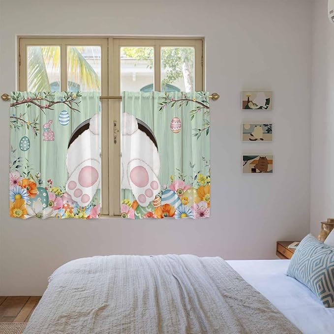 Easter Kitchen Curtains 54 Inch Long 2 Panel Set, Rod Pocket Window Curtains Panels, Spring Watercolor Bunny Eggs Wooden Grain Green Light Filtering Drapery Draperies for Bathroom Bedroom 52"W x 54"L