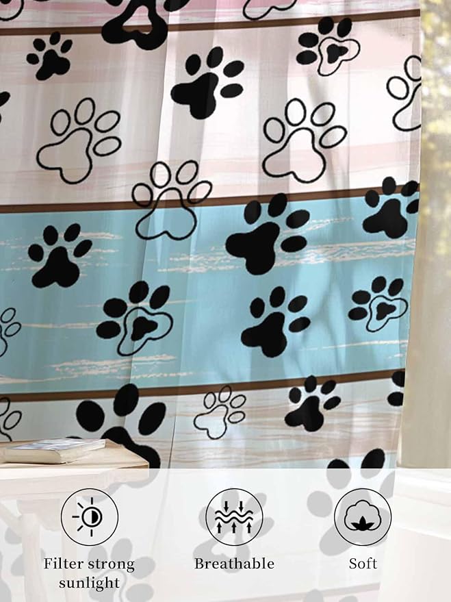Sheer Curtains 84 Inches Long, Blue Pink Dog Paws Prints Semi Sheer Curtains Light Filtering Window Treatment, Farmhouse Beige Wood Privacy Voile Drapes for Living Room Bedroom 52x84 Inch