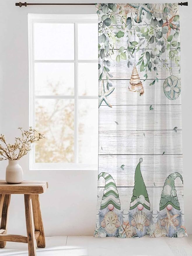 Sheer Curtains 96 Inches Long, Coastal Eucalyptus Leaf Semi Sheer Curtains Light Filtering Window Treatment, Sage Green Gnomes Starfish Privacy Voile Drapes for Living Room Bedroom 52x96 Inch