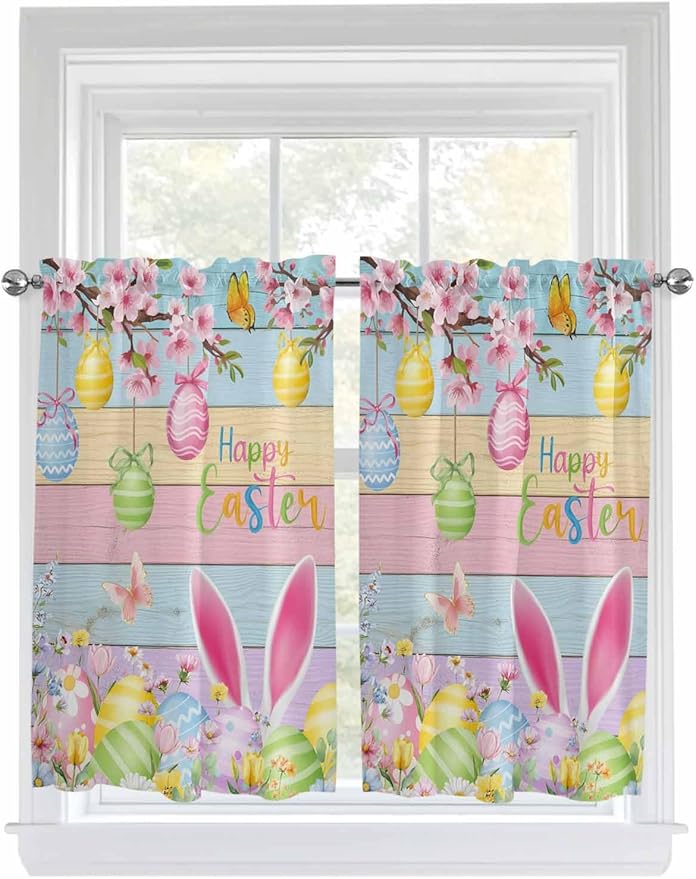 Colorful Easter Tier Curtains 45 Inches Long, Spring Watercolor Bunny Egg Flower Wood Grain Window Treatment Curtain Drapes, Window Half Privacy Curtains for Bedroom Bathroom, 42"x45", 2 Panels