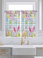 Happy Easter Tier Curtains 45 Inches Long, Spring Watercolor Bunny Eggs Flower Blue Plaid Window Treatment Curtain Drapes, Window Half Privacy Curtains for Bedroom Bathroom, 42"x45", 2 Panels