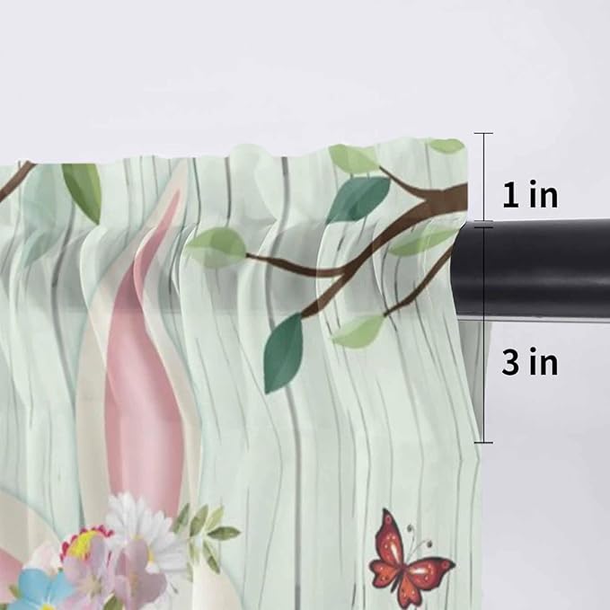 Easter Sheer Valances for Windows 60"x18", Light Filtering Kitchen Curtains Valance, Spring Watercolor Bunny Eggs Tulip Wooden Grain Teal Rod Pocket Chiffon Curtains for Living Room Bedroom Cafe