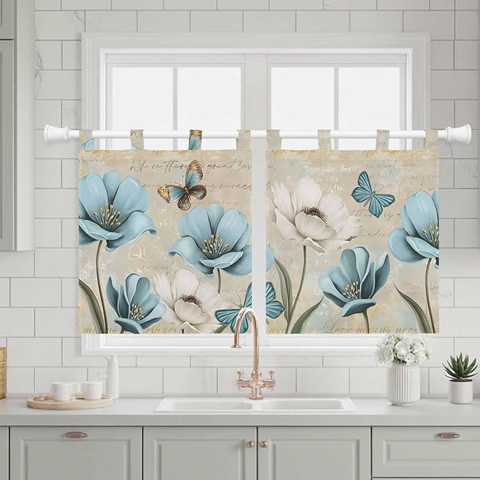 Spring Flowers Kitchen Curtains 36 Inch Length, Small Window Curtains Tab Top, Vintage Rustic Tulips Floral Butterfly Khaki Light Filtering Short Window Treatments Tier Drapes 27.5"x36" 2 Panel