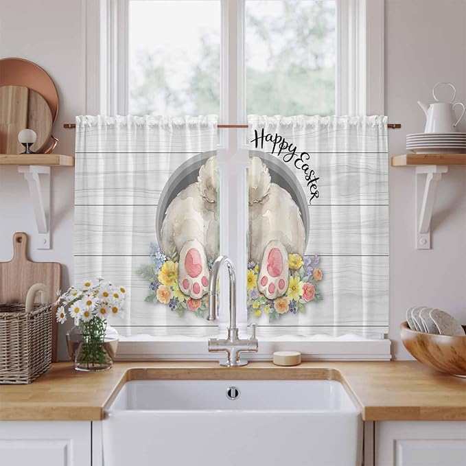 Easter Bunny Kitchen Curtains 54 Inch Long 2 Panel Set,Rod Pocket Window Curtains Panels,3D Optical Illusion Farmhouse Flower Wood Grain Light Filtering Drapery Draperies for Bathroom 52"W x 54"L