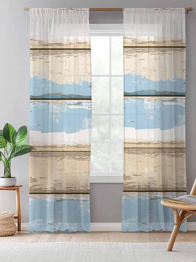 Sheer Curtains 96 Inches Long, Vintage Geometric Blue Semi Sheer Curtains Light Filtering Window Treatment, Abstract Country Shabby Wood Grain Privacy Voile Drapes for Living Room Bedroom 52x96 Inch