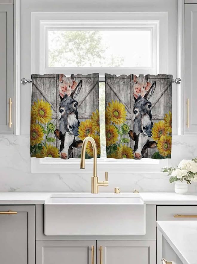 Farmhouse Half Window Curtain 36 Inches Long, Vintage Sunflowers Animals Printed Wood Grain Window Treatment Curtain Drapes, Small Tier Curtains for Bathroom Over Sink, 27.5"x36", 2 Panels