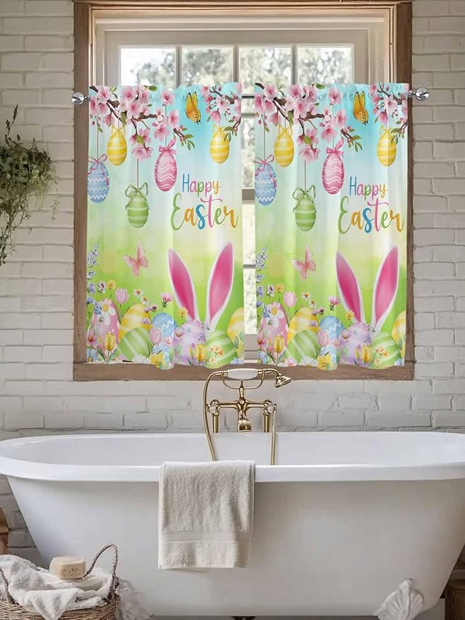 Easter Tier Curtains 45 Inches Long, Spring Bunny Colorful Rabbit Eggs Butterfly Blue Green Window Treatment Curtain Drapes, Window Half Privacy Curtains for Bedroom Bathroom, 42"x45", 2 Panels