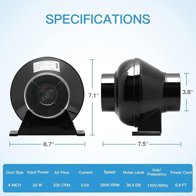 iPower 4 Inch 195 CFM Inline Fan, Air Carbon Filter, 8 Feet PVC Ducting, Speed Controller, Rope Hanger, Vent Exhaust for Grow Tent Ventilation