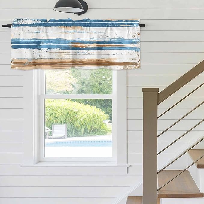 Vintage Blue Valances for Windows, Brown Wood Grain Mottled Texture Abstract Art Kitchen Valance Light Filtering Rod Pocket Short Curtains for Kitchen Bathroom, 1 Panel, 42"x12"