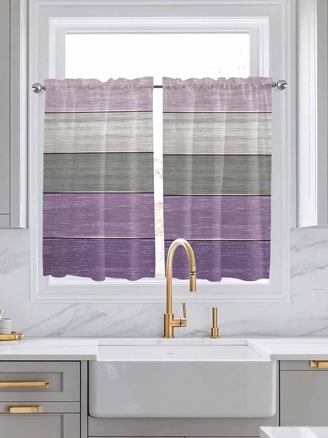 Country Wood Board Gray Purple Window Valance Curtains, Farmhouse Gradient Plank Light Filtering Kitchen Valance with 3-inch Rod Pocket for Living Room Bathroom Bedroom,2 Panel,52x45In