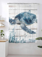 Sheer Curtains 63 Inch Length, Ocean Sea Turtle Semi Sheer Curtains Light Filtering Window Treatment, Coastal Seaweed Vintage Wood Grain Privacy Voile Drapes for Living Room Bedroom 52x63 Inch