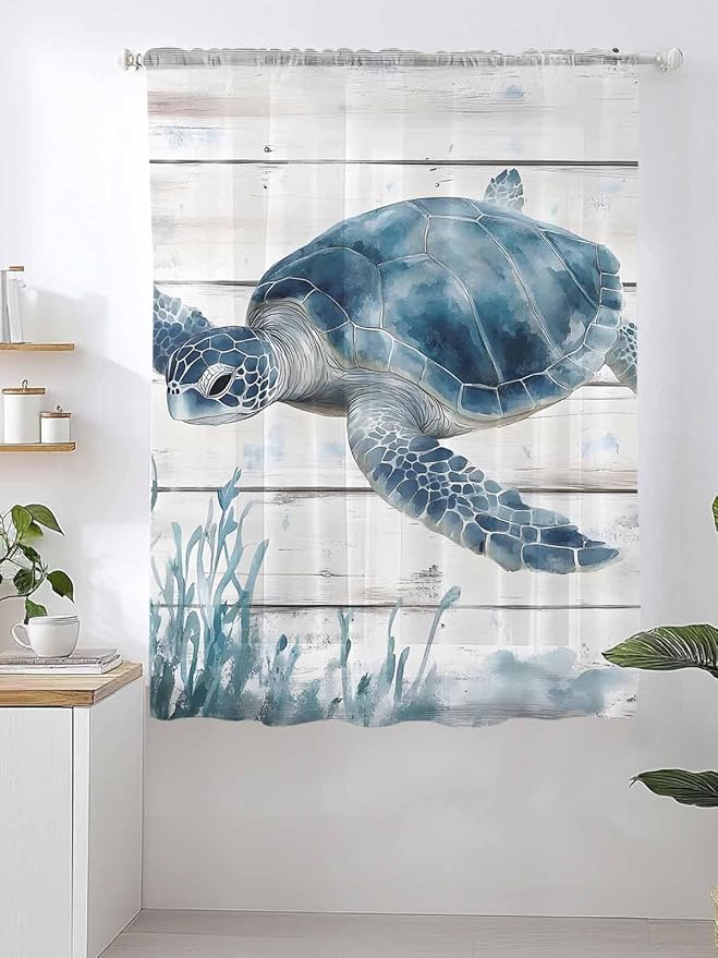 Sheer Curtains 72 Inches Long, Ocean Sea Turtle Semi Sheer Curtains Light Filtering Window Treatment, Coastal Seaweed Vintage Wood Grain Privacy Voile Drapes for Living Room Bedroom 52x72 Inch