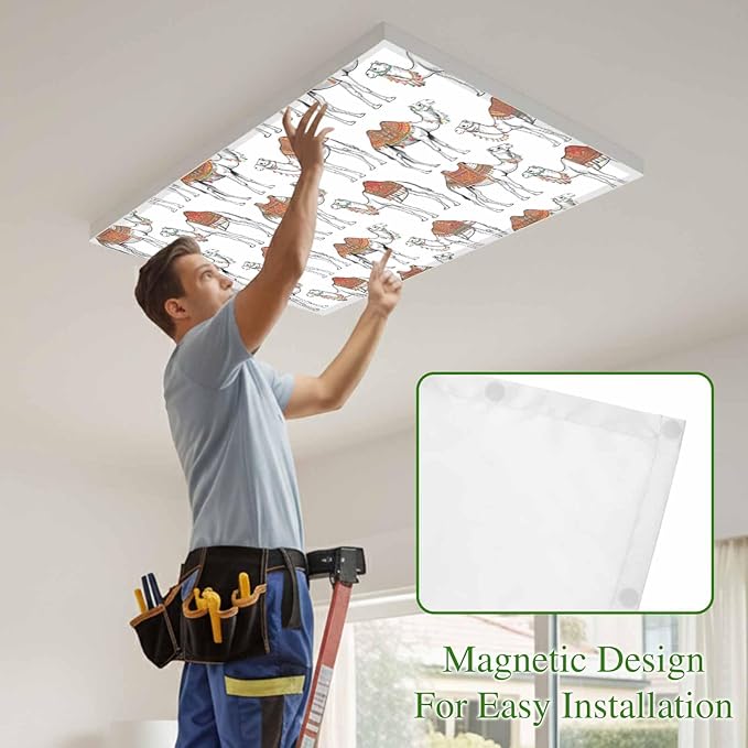 2 Pack Fluorescent Light Cover, Sand Camel Light Covers for Ceiling Lights, Vintage Farmhouse Desert Animals Camel Magnetic Lights Filters Ceiling Shade for Classroom/Office - 4 x 2 Feet