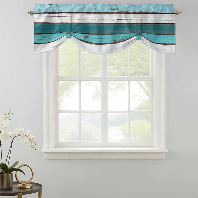 Turquoise Teal Tie Up Valance Curtains for Windows, Kitchen Curtains Window Shades, Farmhouse Retro Ombre Wooden Grain Light Filtering Roman Curtain Valances for Bedroom/Bathroom/Cafe 60"x18"
