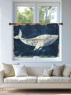 Sheer Curtains 54 Inch Length, Ocean Whale Blue Semi Sheer Curtains Light Filtering Window Treatment, Summer Sea Vintage Wooden Grain Privacy Voile Drapes for Living Room Bedroom 52x54 Inch