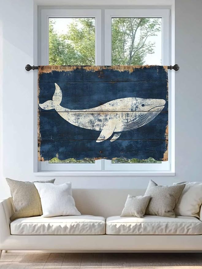 Sheer Curtains 45 Inch Length, Ocean Whale Blue Semi Sheer Curtains Light Filtering Window Treatment, Summer Sea Vintage Wooden Grain Privacy Voile Drapes for Living Room Bedroom 52x45 Inch