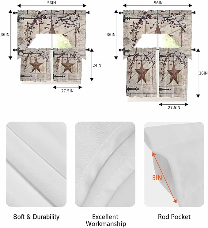 Village Stars Swag Kitchen Curtains Valance and Tier Set, Vintage Rust Yellow Star Berry Beige Barn Doors Light-Filtering Swag Valance 36 Inch Length, Rod Pocket Short Curtain for Bedroom Cafe