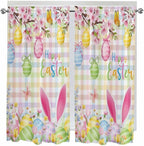 Happy Easter Bedroom Curtains 63 Inches length, Spring Bunny Colorful Eggs Flower Plaid Window Treatment Curtain Drapes, Rod Pocket Curtain Panels for Living Room Kitchen, 42"x63", 2 Panels