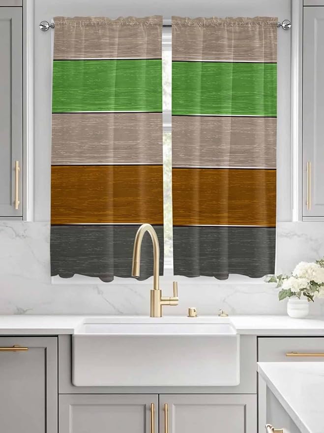 Farm Gray Green Brown Wood Grain Window Valance Curtains, Rustic Wooden Plank Light Filtering Kitchen Valance with 3-inch Rod Pocket for Living Room Bathroom Bedroom,2 Panel,42x63In
