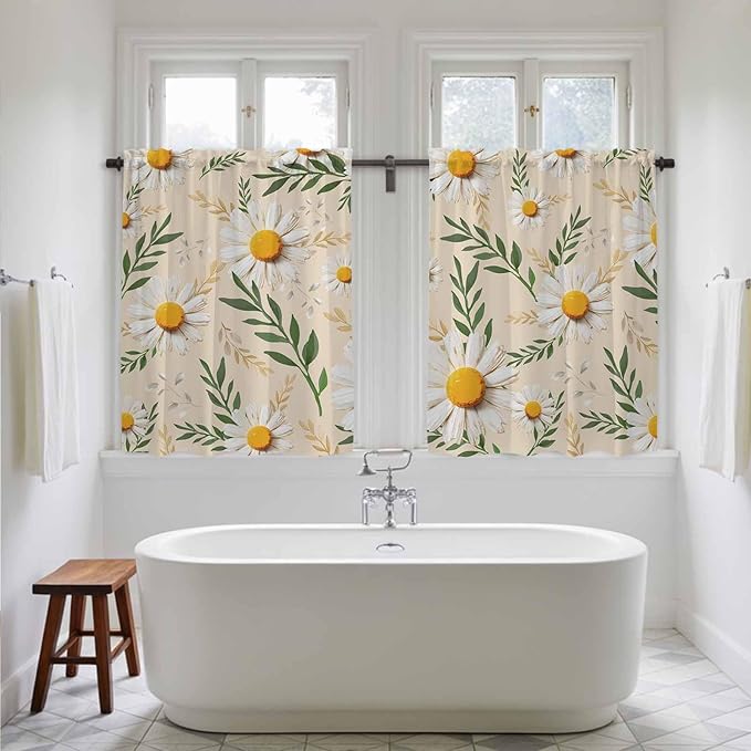 Spring Daisy Kitchen Curtains, Country Watercolor Flower Leaf Plant Light Filtering Window Curtain Panels, 2Pcs Rod Pocket Window Treatments Set for RV Dining Room Study Room 42x45 Inches