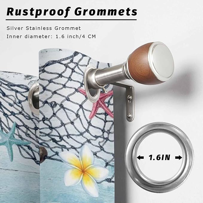 Ocean Gnome Outdoor Curtains for Patio Summer Marine Plumeria Shell Wood Blue Waterproof Outside Curtains with Grommet Top Weatherproof Curtain for Cabana Pergola Gazebo, 2 Pack, 54" W x 84" L