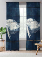 Sheer Curtains 84 Inches Long, Summer Whale Semi Sheer Curtains Light Filtering Window Treatment, Ocean Watercolor Wooden Grain Blue Privacy Voile Drapes for Living Room Bedroom 52x84 Inch