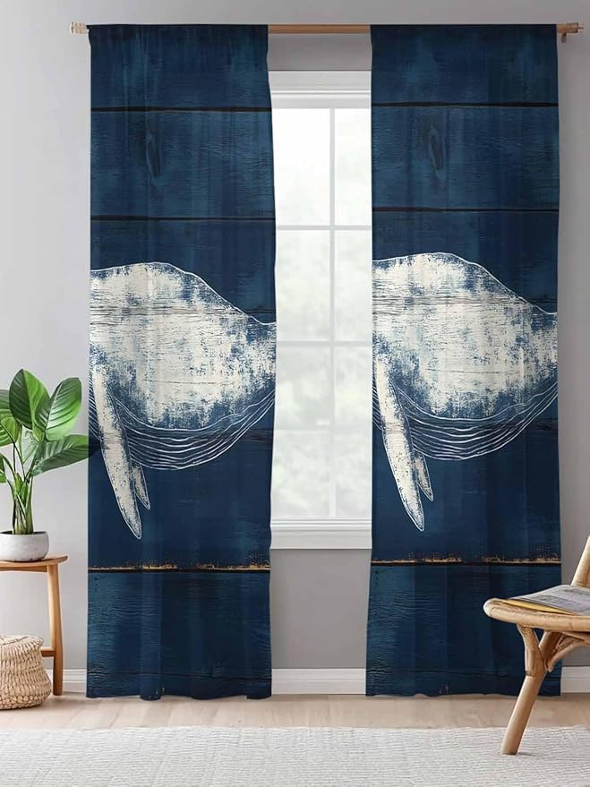Sheer Curtains 96 Inches Long, Summer Whale Semi Sheer Curtains Light Filtering Window Treatment, Ocean Watercolor Wooden Grain Blue Privacy Voile Drapes for Living Room Bedroom 52x96 Inch