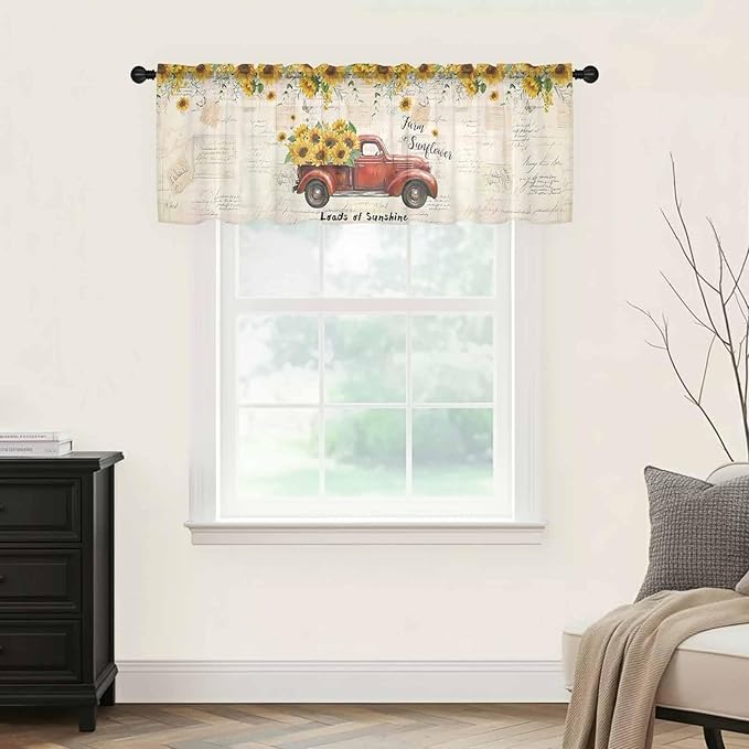 Farmhouses Sunflowers Sheer Valance Curtains, Retro Floral Leaves Red Truck Vintage Light Filtering Kitchen Valances Rod Pocket Voile Curtain Window Treatment for Bedroom/Living Room/Basement 60Wx18L