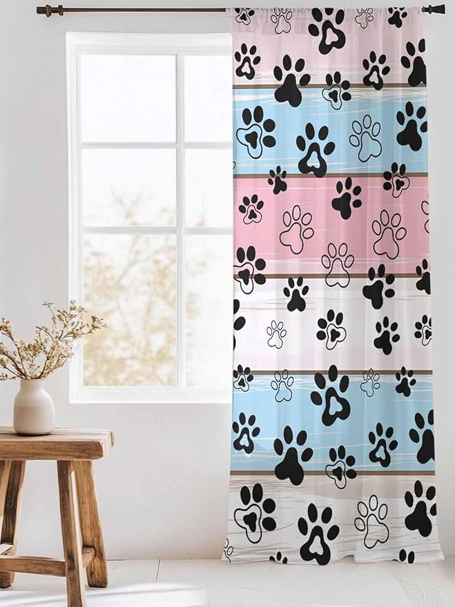 Sheer Curtains 96 Inches Long, Pink Blue Paw Print Semi Sheer Curtains Light Filtering Window Treatment, Vintage Farmhouse Wooden Grain Privacy Voile Drapes for Living Room Bedroom 52x96 Inch