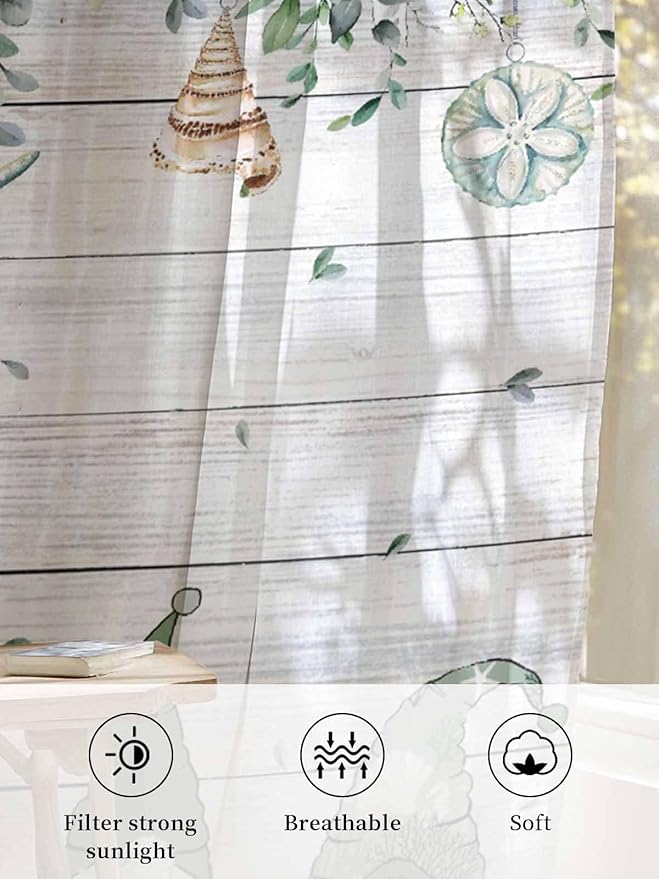 Sheer Curtains 63 Inch Length, Coastal Eucalyptus Leaf Semi Sheer Curtains Light Filtering Window Treatment, Sage Green Gnomes Starfish Privacy Voile Drapes for Living Room Bedroom 52x63 Inch